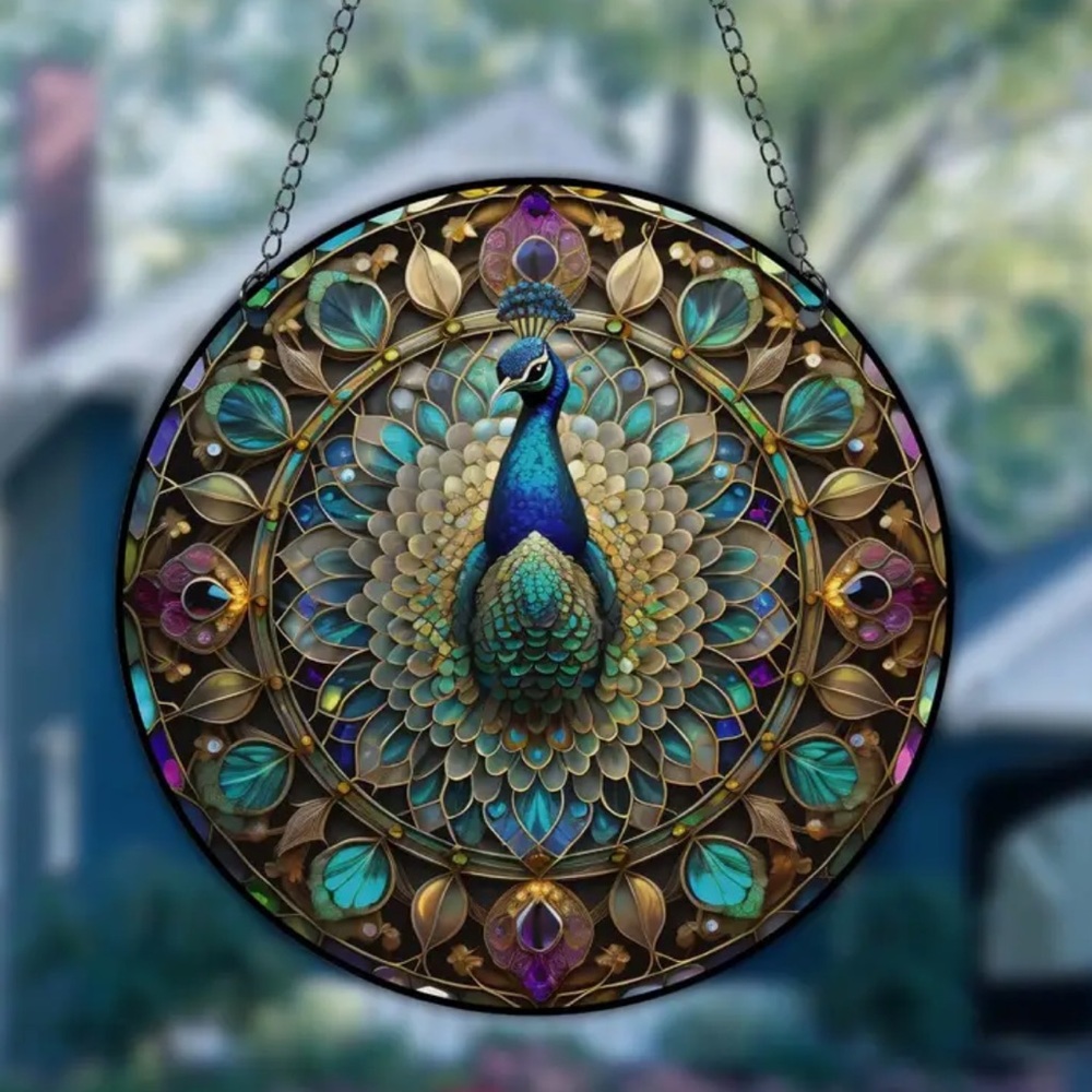 Round Peacock Faux Stained Glass Suncatcher 2D Acrylic Hanging Ornament